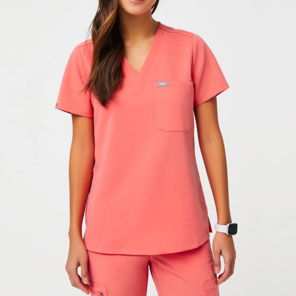 Hot coral Figs scrub top